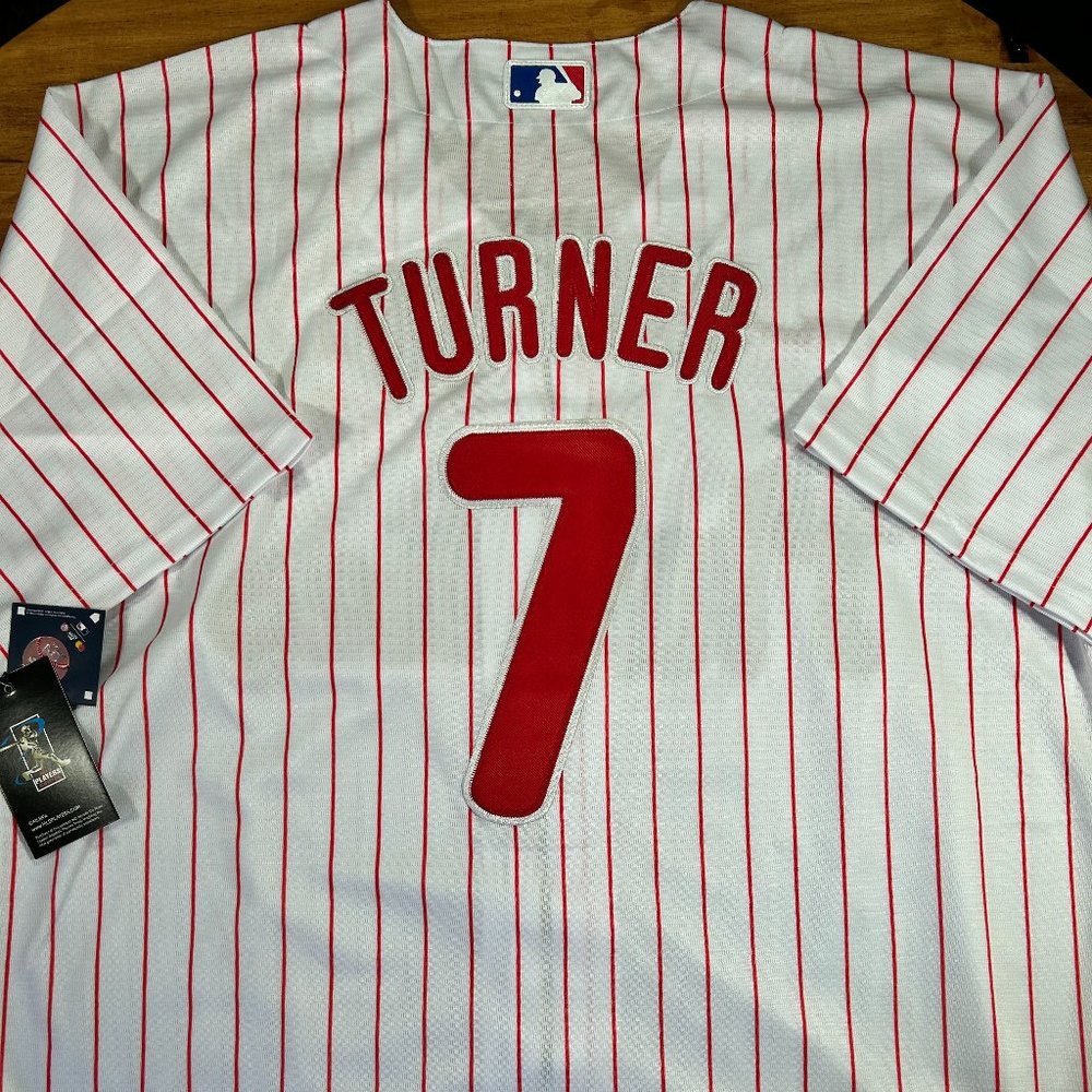 Trea Turner #7 Philadelphia Phillies Stitched Pinstriped Jersey Men's Sizes - Picture 3 of 7